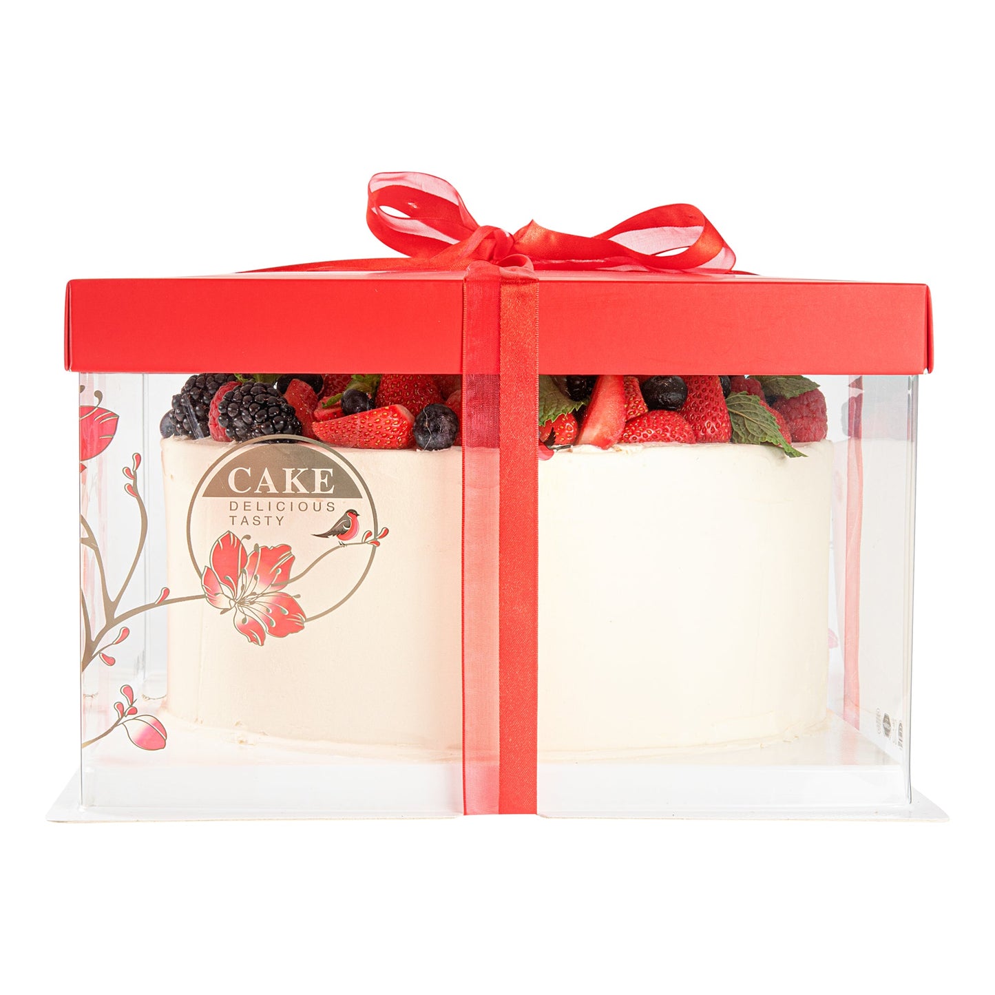 Sweet Vision Square Clear Plastic Cake Box - Red Lid and White Base, Red Ribbon, Flower / Bird Accent - 10" x 10" x 8 1/4" - 10 count box