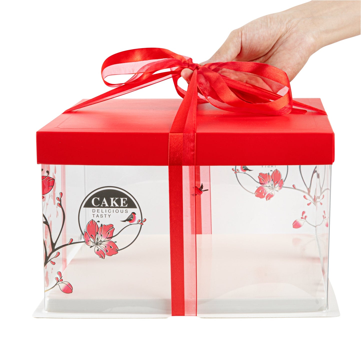Sweet Vision Square Clear Plastic Cake Box - Red Lid and White Base, Red Ribbon, Flower / Bird Accent - 10" x 10" x 8 1/4" - 10 count box