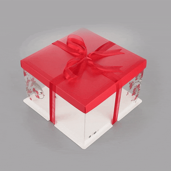 Sweet Vision Square Clear Plastic Cake Box - Red Lid and White Base, Red Ribbon, Flower / Bird Accent - 10" x 10" x 8 1/4" - 10 count box