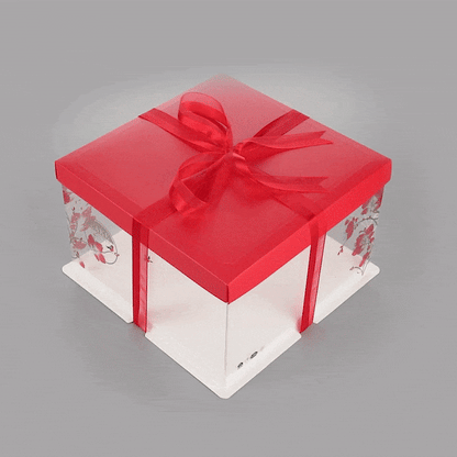 Sweet Vision Square Clear Plastic Cake Box - Red Lid and White Base, Red Ribbon, Flower / Bird Accent - 10" x 10" x 8 1/4" - 10 count box