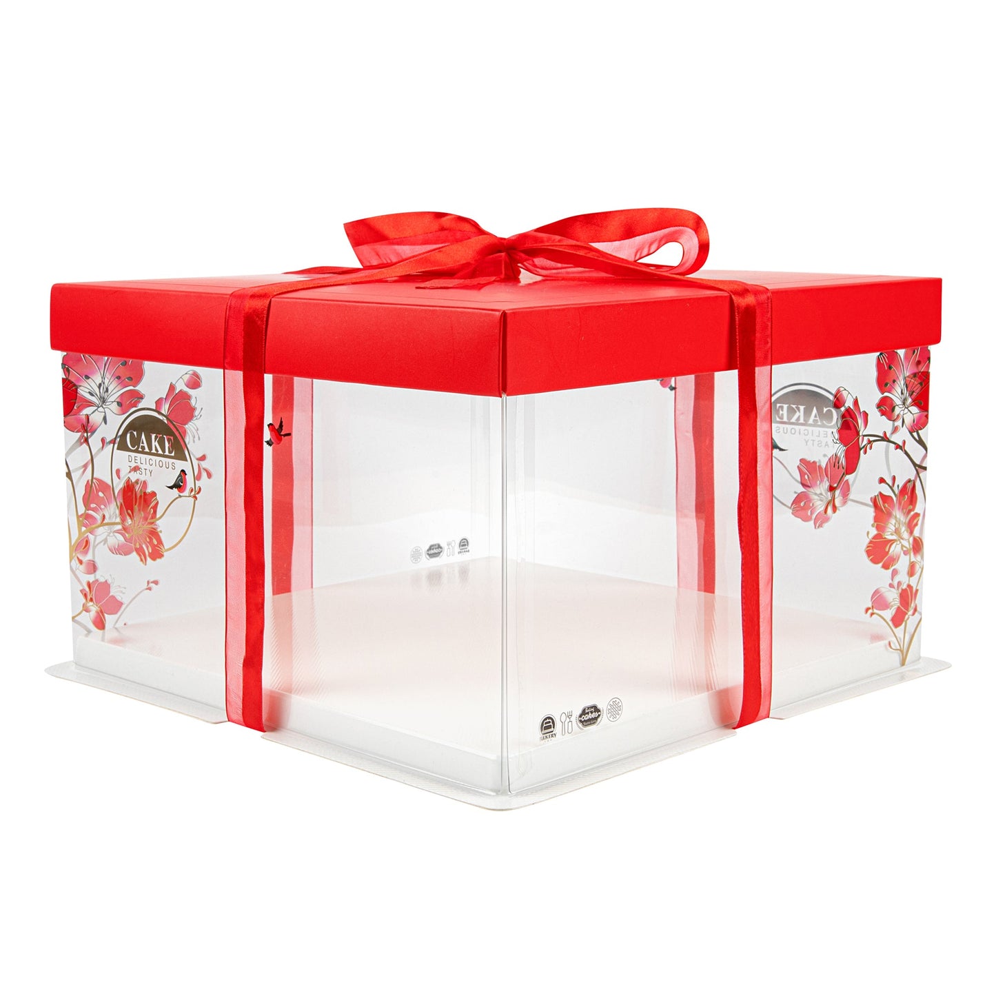 Sweet Vision Square Clear Plastic Cake Box - Red Lid and White Base, Red Ribbon, Flower / Bird Accent - 10" x 10" x 8 1/4" - 10 count box