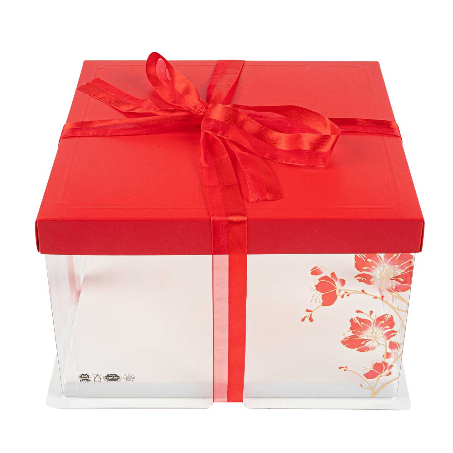 Sweet Vision Square Clear Plastic Cake Box - Red Lid and White Base, Red Ribbon, Flower / Bird Accent - 10" x 10" x 8 1/4" - 10 count box
