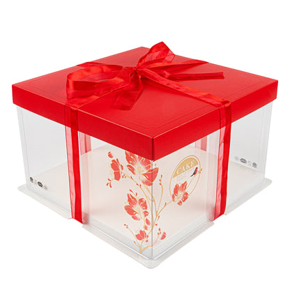 Sweet Vision Square Clear Plastic Cake Box - Red Lid and White Base, Red Ribbon, Flower / Bird Accent - 10" x 10" x 8 1/4" - 10 count box