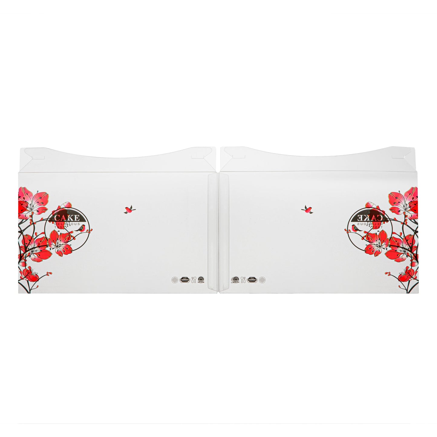 Sweet Vision Square Clear Plastic Cake Box - Red Lid and White Base, Red Ribbon, Flower / Bird Accent - 10" x 10" x 8 1/4" - 10 count box