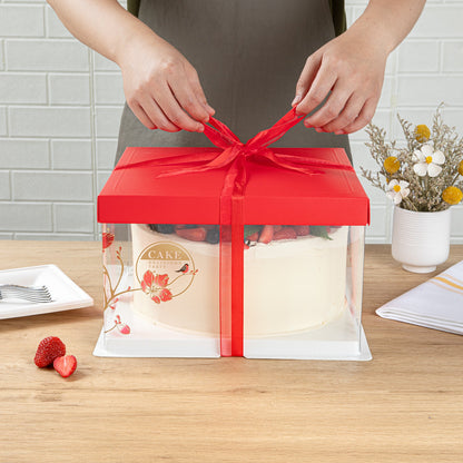 Sweet Vision Square Clear Plastic Cake Box - Red Lid and White Base, Red Ribbon, Flower / Bird Accent - 10" x 10" x 8 1/4" - 10 count box