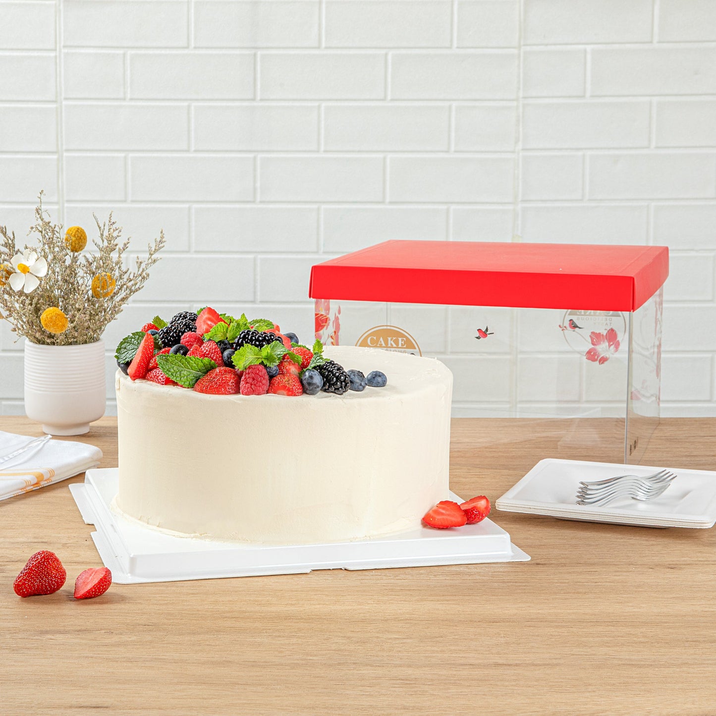 Sweet Vision Square Clear Plastic Cake Box - Red Lid and White Base, Red Ribbon, Flower / Bird Accent - 10" x 10" x 8 1/4" - 10 count box