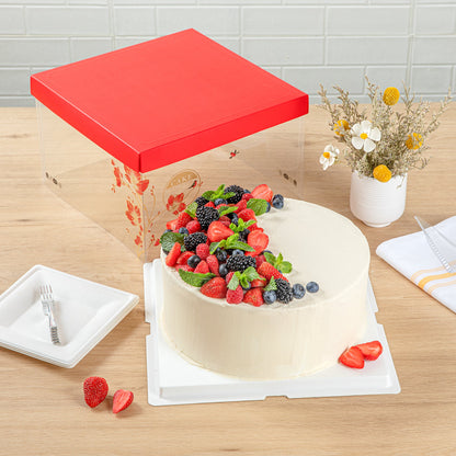 Sweet Vision Square Clear Plastic Cake Box - Red Lid and White Base, Red Ribbon, Flower / Bird Accent - 10" x 10" x 8 1/4" - 10 count box