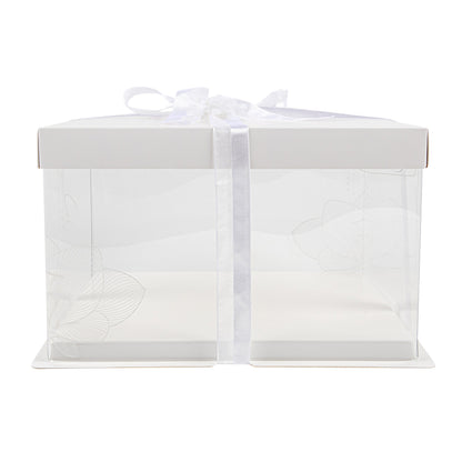 Sweet Vision Square Clear Plastic Cake Box - White Lid and White Base, Gray Ribbon, Lotus Accent - 10" x 10" x 8 1/4" - 10 count box