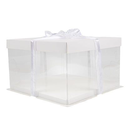 Sweet Vision Square Clear Plastic Cake Box - White Lid and White Base, Gray Ribbon, Lotus Accent - 10" x 10" x 8 1/4" - 10 count box