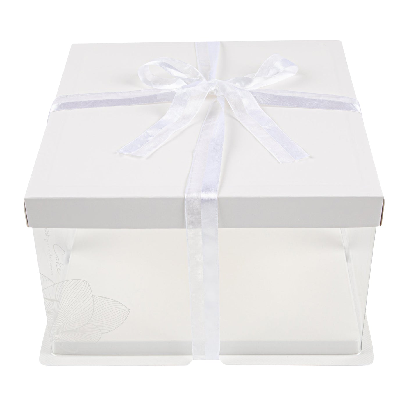 Sweet Vision Square Clear Plastic Cake Box - White Lid and White Base, Gray Ribbon, Lotus Accent - 10" x 10" x 8 1/4" - 10 count box