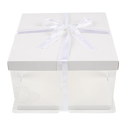 Sweet Vision Square Clear Plastic Cake Box - White Lid and White Base, Gray Ribbon, Lotus Accent - 10" x 10" x 8 1/4" - 10 count box