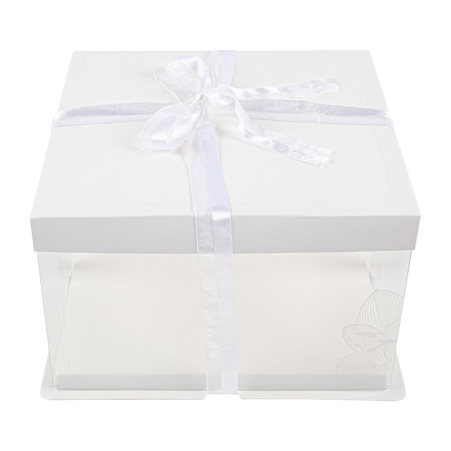 Sweet Vision Square Clear Plastic Cake Box - White Lid and White Base, Gray Ribbon, Lotus Accent - 10" x 10" x 8 1/4" - 10 count box