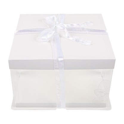Sweet Vision Square Clear Plastic Cake Box - White Lid and White Base, Gray Ribbon, Lotus Accent - 10" x 10" x 8 1/4" - 10 count box