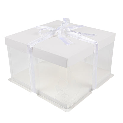 Sweet Vision Square Clear Plastic Cake Box - White Lid and White Base, Gray Ribbon, Lotus Accent - 10" x 10" x 8 1/4" - 10 count box
