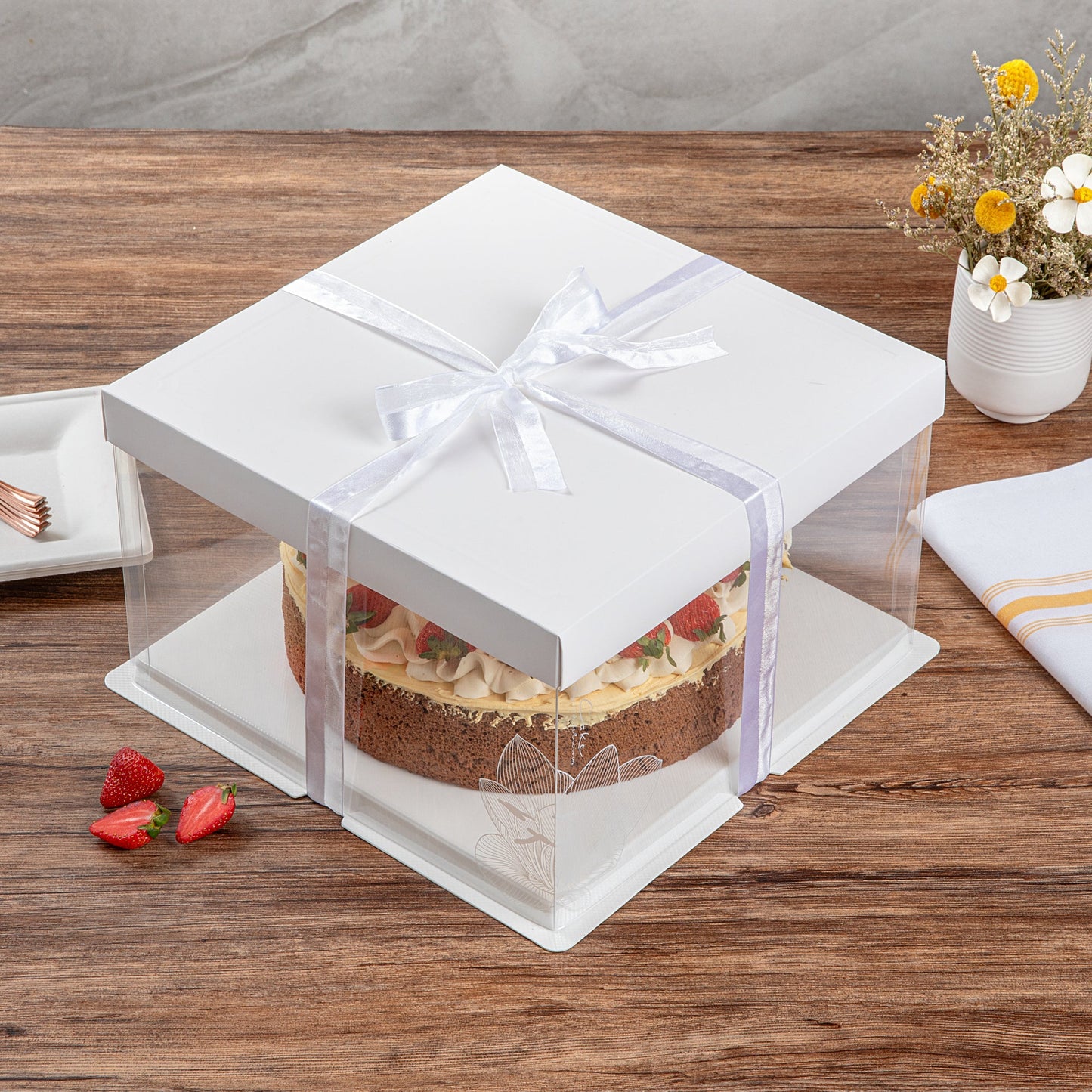 Sweet Vision Square Clear Plastic Cake Box - White Lid and White Base, Gray Ribbon, Lotus Accent - 10" x 10" x 8 1/4" - 10 count box