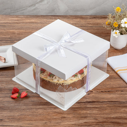 Sweet Vision Square Clear Plastic Cake Box - White Lid and White Base, Gray Ribbon, Lotus Accent - 10" x 10" x 8 1/4" - 10 count box