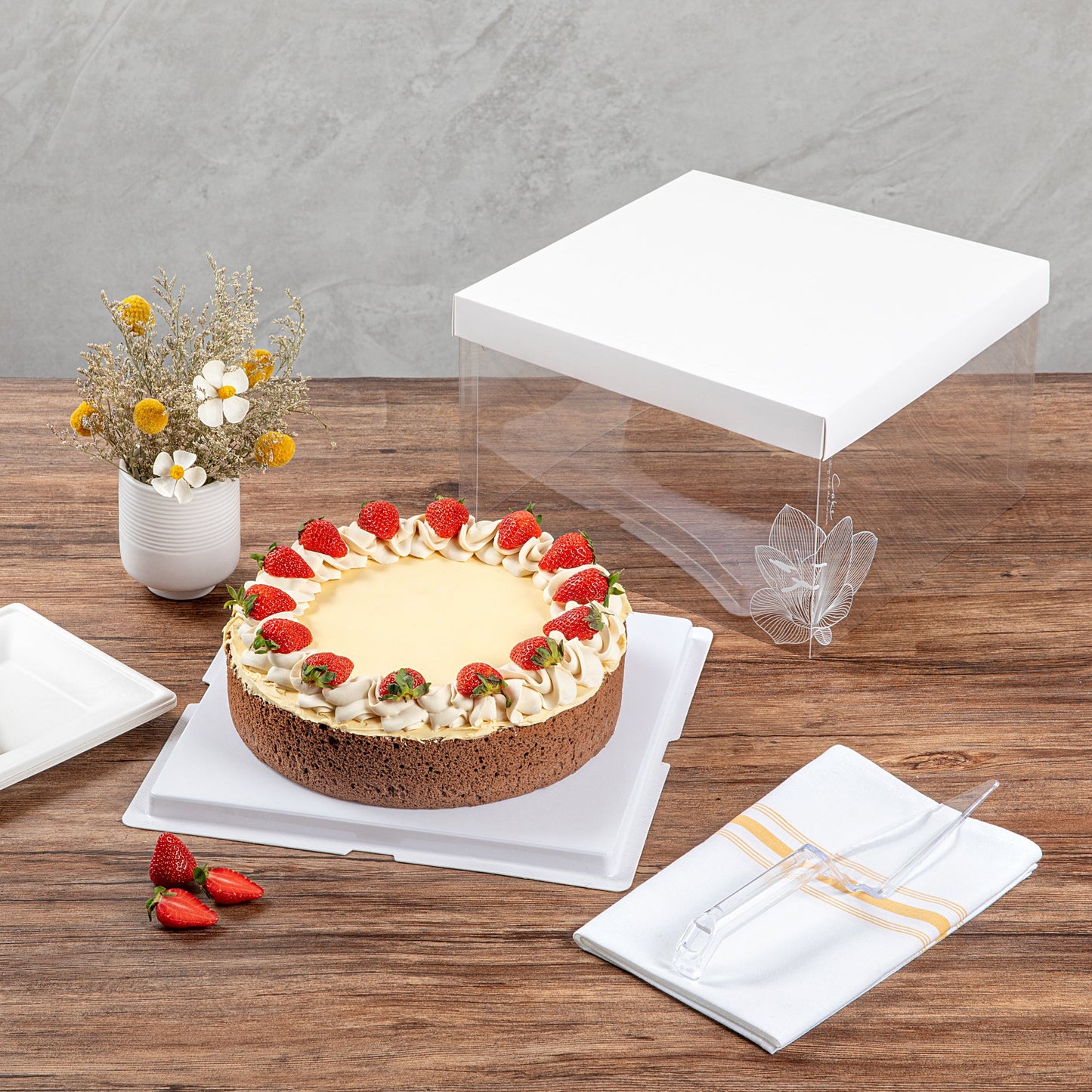 Sweet Vision Square Clear Plastic Cake Box - White Lid and White Base, Gray Ribbon, Lotus Accent - 10" x 10" x 8 1/4" - 10 count box