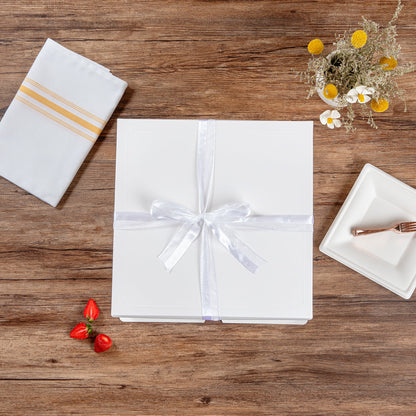 Sweet Vision Square Clear Plastic Cake Box - White Lid and White Base, Gray Ribbon, Lotus Accent - 10" x 10" x 8 1/4" - 10 count box