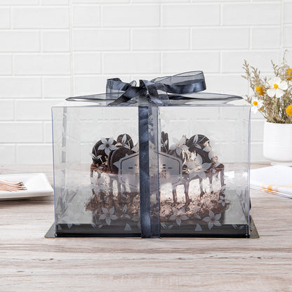 Sweet Vision Square Clear Plastic Cake Box - Black Base, Black Ribbon, Flower Garden Design - 10" x 10" x 6 3/4" - 10 count box
