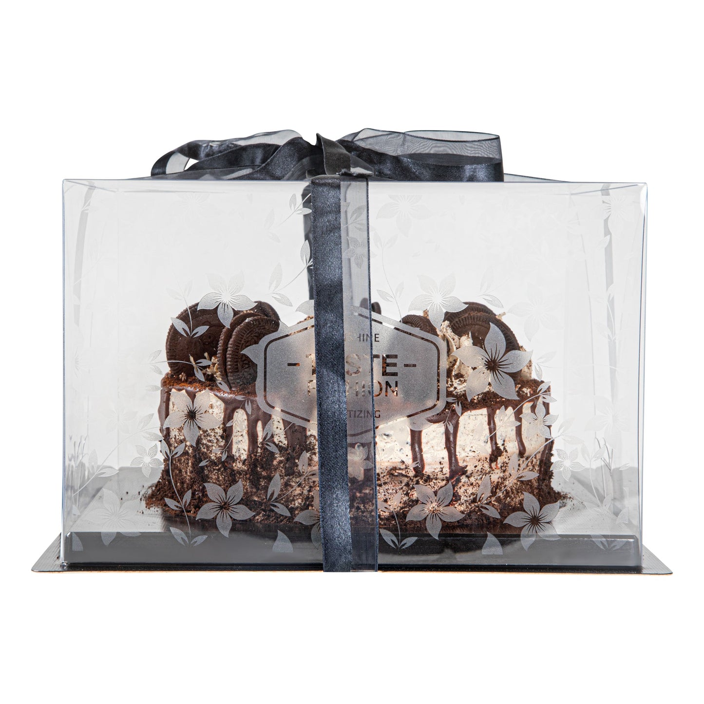 Sweet Vision Square Clear Plastic Cake Box - Black Base, Black Ribbon, Flower Garden Design - 10" x 10" x 6 3/4" - 10 count box