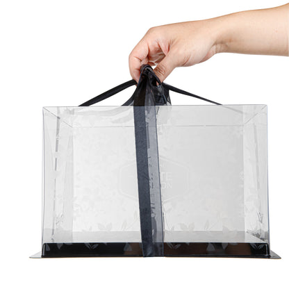 Sweet Vision Square Clear Plastic Cake Box - Black Base, Black Ribbon, Flower Garden Design - 10" x 10" x 6 3/4" - 10 count box