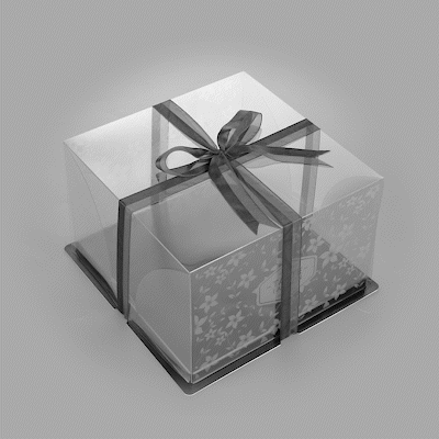 Sweet Vision Square Clear Plastic Cake Box - Black Base, Black Ribbon, Flower Garden Design - 10" x 10" x 6 3/4" - 10 count box