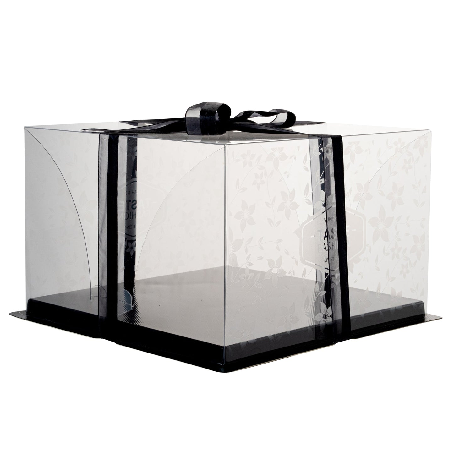 Sweet Vision Square Clear Plastic Cake Box - Black Base, Black Ribbon, Flower Garden Design - 10" x 10" x 6 3/4" - 10 count box