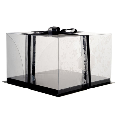 Sweet Vision Square Clear Plastic Cake Box - Black Base, Black Ribbon, Flower Garden Design - 10" x 10" x 6 3/4" - 10 count box