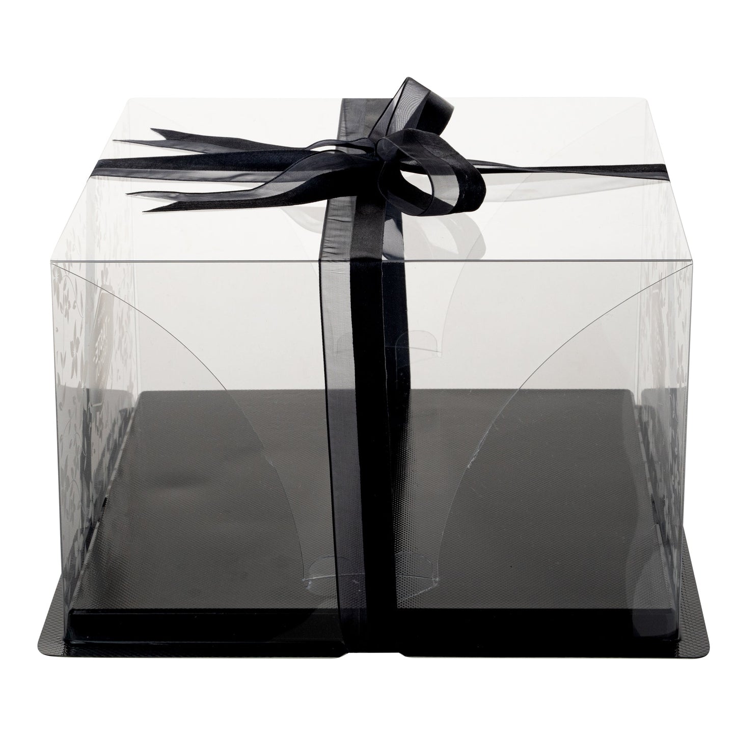 Sweet Vision Square Clear Plastic Cake Box - Black Base, Black Ribbon, Flower Garden Design - 10" x 10" x 6 3/4" - 10 count box