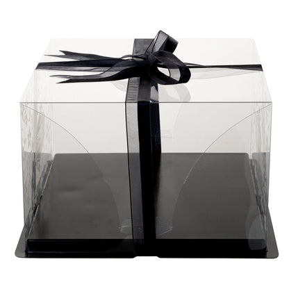 Sweet Vision Square Clear Plastic Cake Box - Black Base, Black Ribbon, Flower Garden Design - 10" x 10" x 6 3/4" - 10 count box