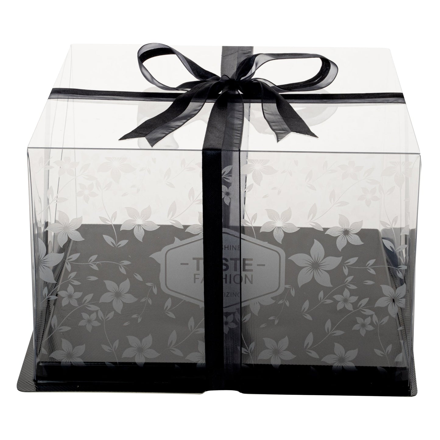 Sweet Vision Square Clear Plastic Cake Box - Black Base, Black Ribbon, Flower Garden Design - 10" x 10" x 6 3/4" - 10 count box