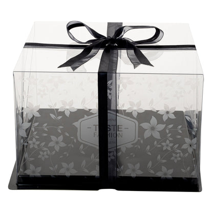 Sweet Vision Square Clear Plastic Cake Box - Black Base, Black Ribbon, Flower Garden Design - 10" x 10" x 6 3/4" - 10 count box