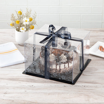 Sweet Vision Square Clear Plastic Cake Box - Black Base, Black Ribbon, Flower Garden Design - 10" x 10" x 6 3/4" - 10 count box