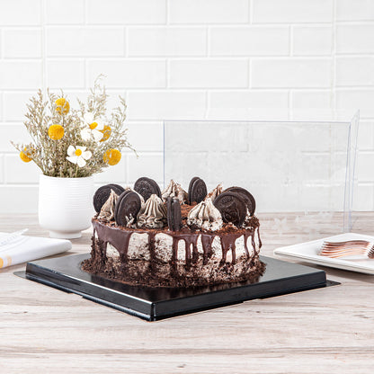 Sweet Vision Square Clear Plastic Cake Box - Black Base, Black Ribbon, Flower Garden Design - 10" x 10" x 6 3/4" - 10 count box