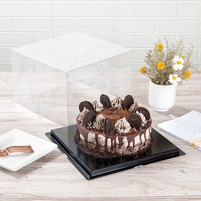 Sweet Vision Square Clear Plastic Cake Box - Black Base, Black Ribbon, Flower Garden Design - 10" x 10" x 6 3/4" - 10 count box