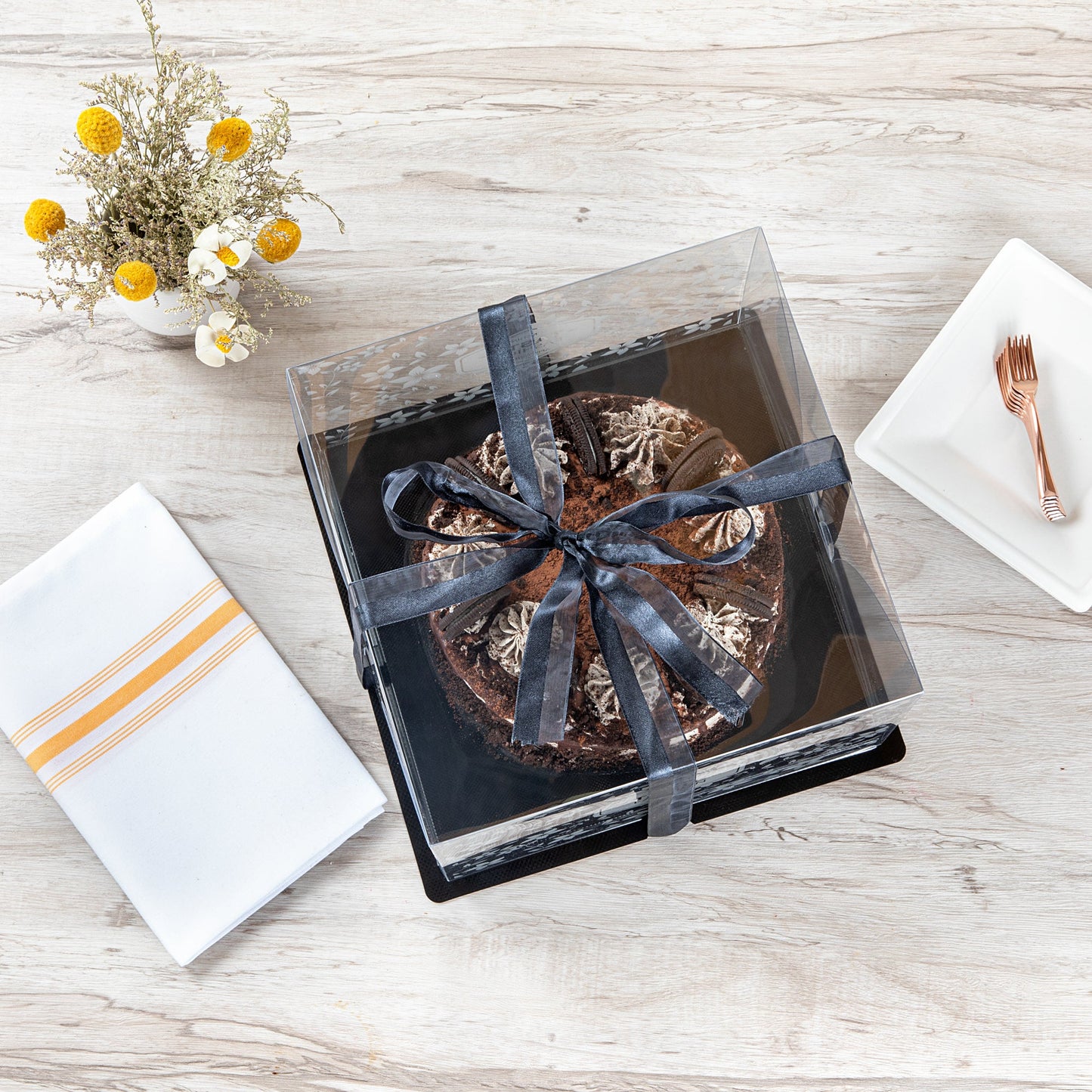 Sweet Vision Square Clear Plastic Cake Box - Black Base, Black Ribbon, Flower Garden Design - 10" x 10" x 6 3/4" - 10 count box