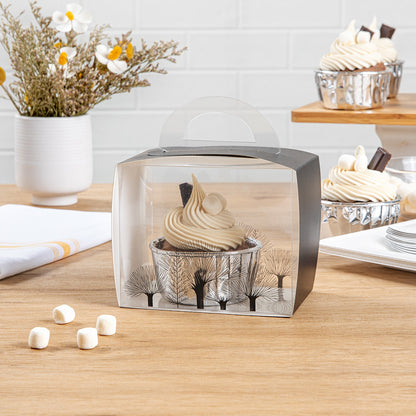 Sweet Vision Rectangle Clear Plastic Cupcake Box - with Handle, Black Paper Wrap, Tree Accent - 5" x 3 1/4" x 4" - 100 count box
