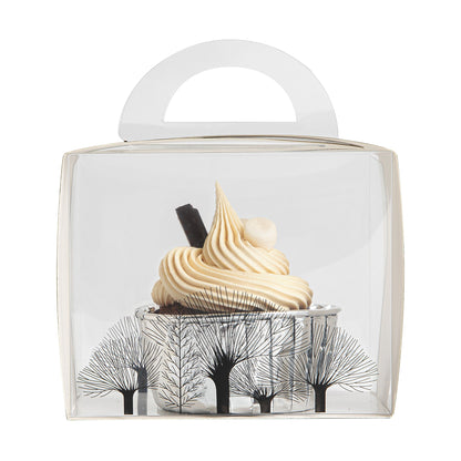 Sweet Vision Rectangle Clear Plastic Cupcake Box - with Handle, Black Paper Wrap, Tree Accent - 5" x 3 1/4" x 4" - 100 count box