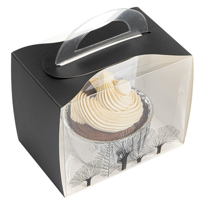 Sweet Vision Rectangle Clear Plastic Cupcake Box - with Handle, Black Paper Wrap, Tree Accent - 5" x 3 1/4" x 4" - 100 count box