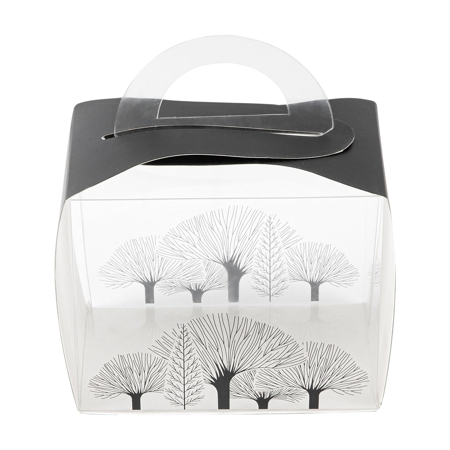 Sweet Vision Rectangle Clear Plastic Cupcake Box - with Handle, Black Paper Wrap, Tree Accent - 5" x 3 1/4" x 4" - 100 count box
