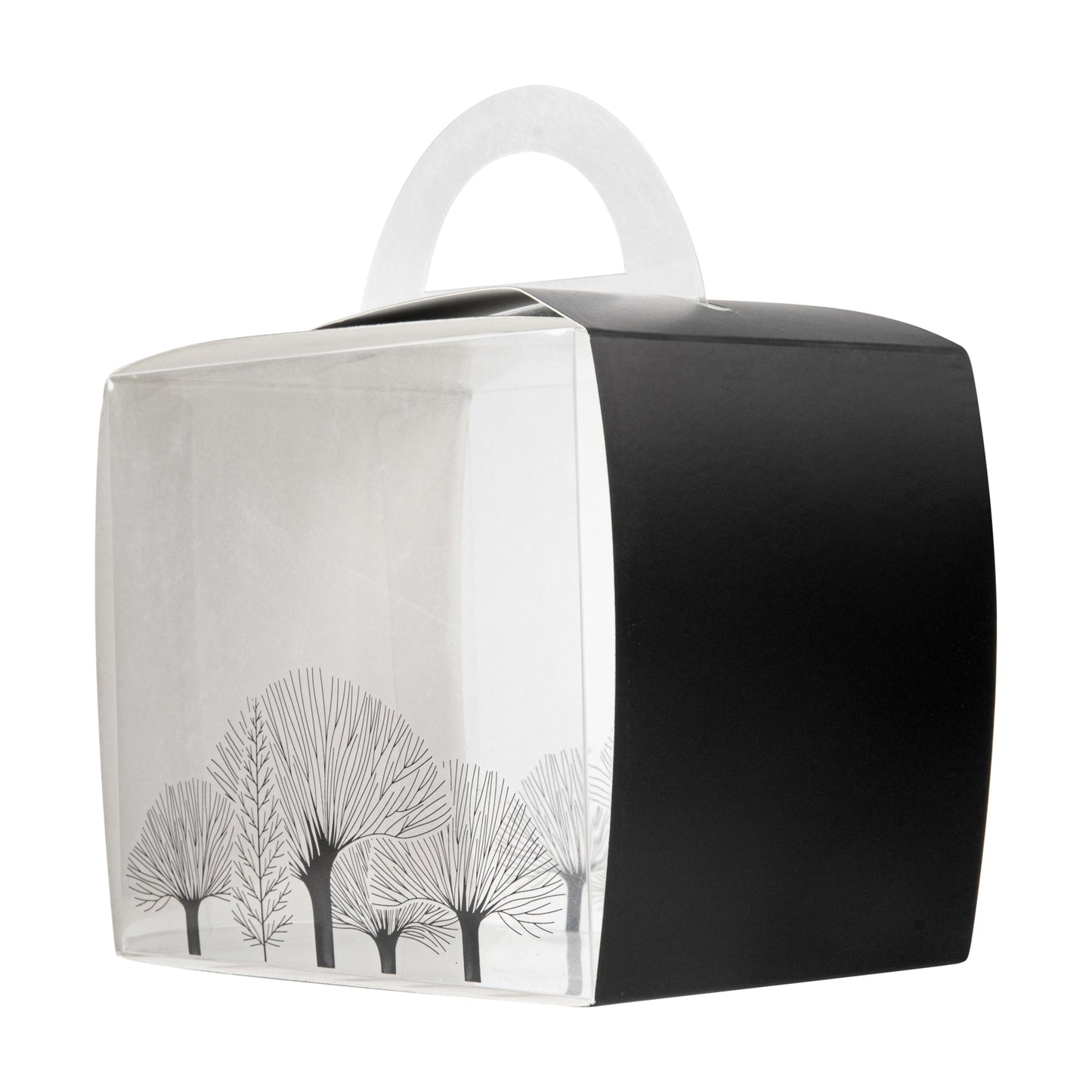 Sweet Vision Rectangle Clear Plastic Cupcake Box - with Handle, Black Paper Wrap, Tree Accent - 5" x 3 1/4" x 4" - 100 count box