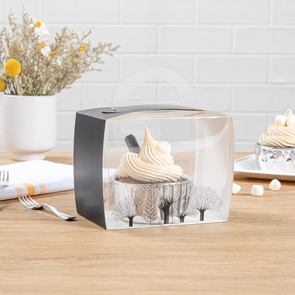 Sweet Vision Rectangle Clear Plastic Cupcake Box - with Handle, Black Paper Wrap, Tree Accent - 5" x 3 1/4" x 4" - 100 count box