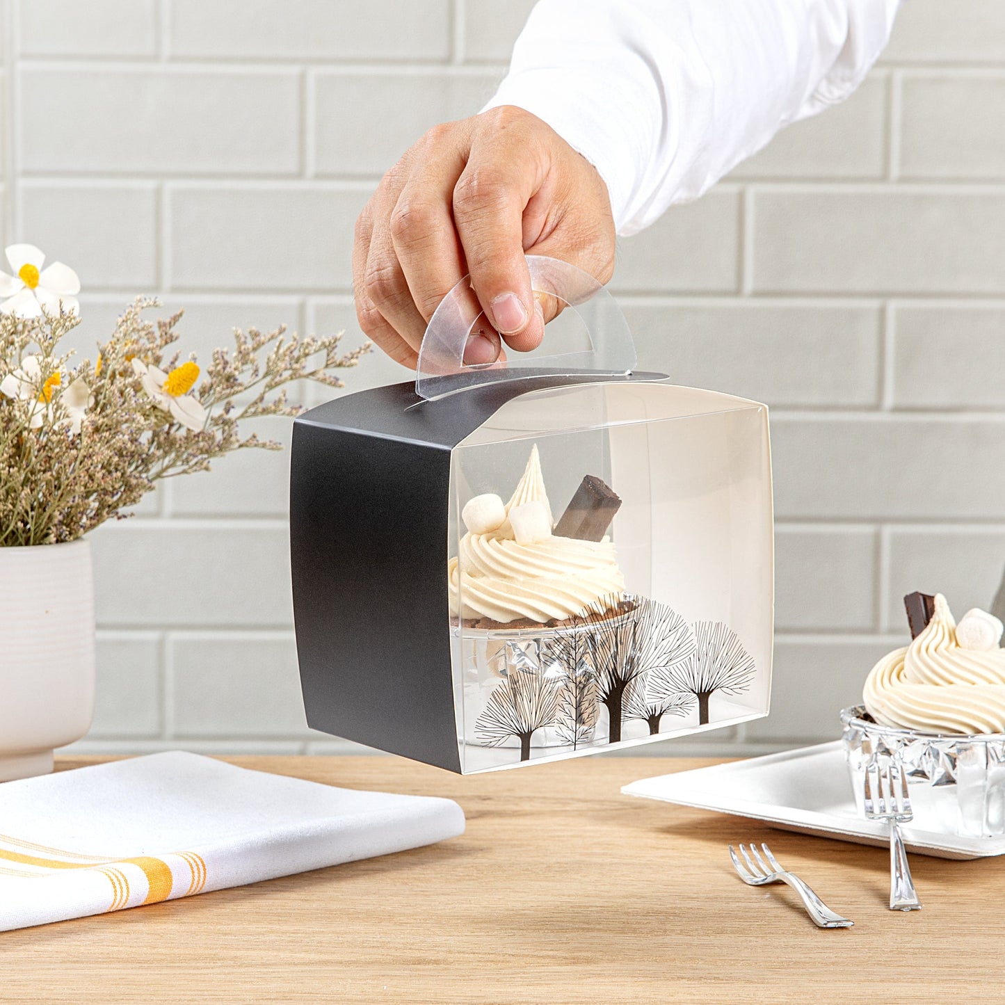 Sweet Vision Rectangle Clear Plastic Cupcake Box - with Handle, Black Paper Wrap, Tree Accent - 5" x 3 1/4" x 4" - 100 count box