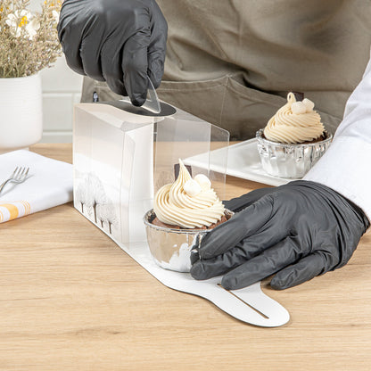 Sweet Vision Rectangle Clear Plastic Cupcake Box - with Handle, Black Paper Wrap, Tree Accent - 5" x 3 1/4" x 4" - 100 count box