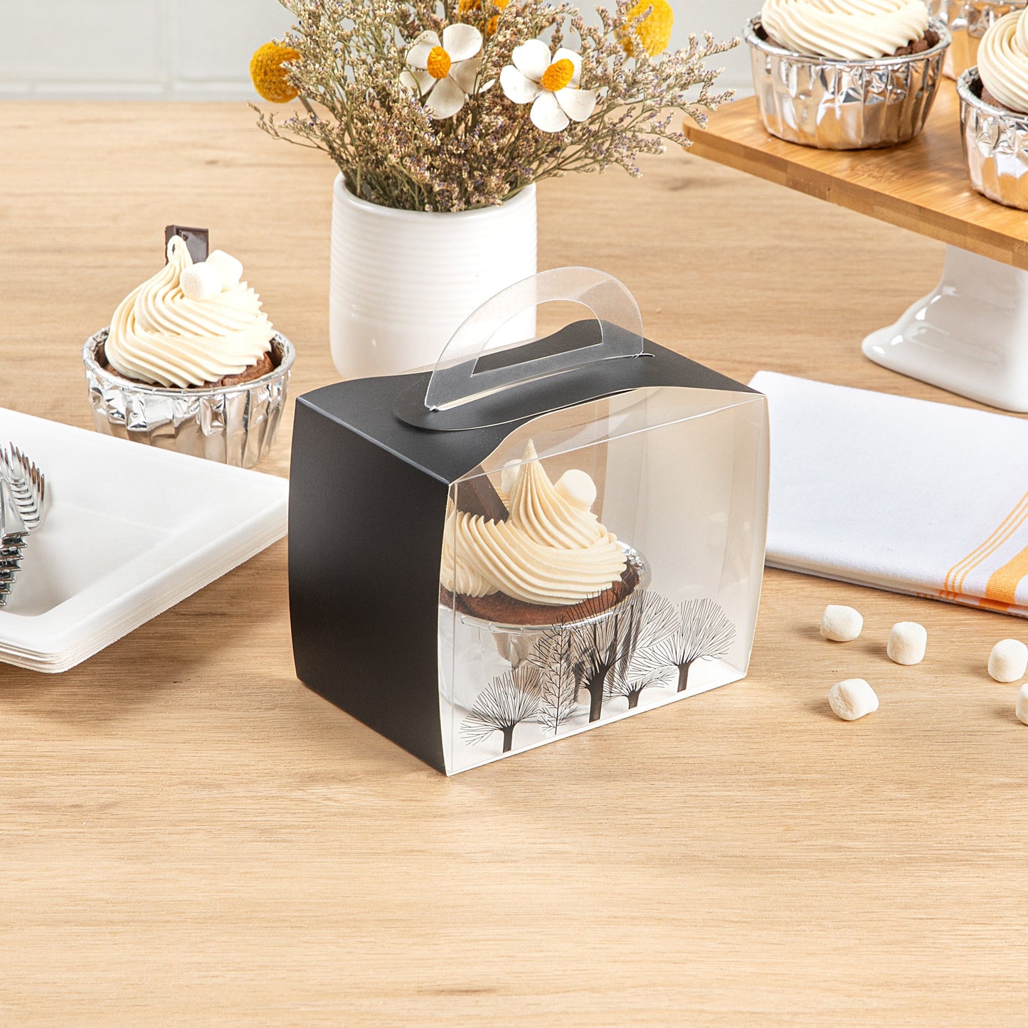 Sweet Vision Rectangle Clear Plastic Cupcake Box - with Handle, Black Paper Wrap, Tree Accent - 5" x 3 1/4" x 4" - 100 count box