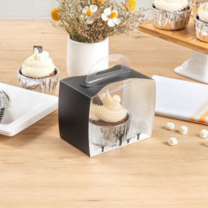 Sweet Vision Rectangle Clear Plastic Cupcake Box - with Handle, Black Paper Wrap, Tree Accent - 5" x 3 1/4" x 4" - 100 count box
