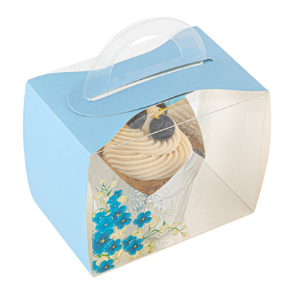 Sweet Vision Rectangle Clear Plastic Cupcake Box - with Handle, Blue Paper Wrap, Flower Accent - 5" x 3 1/4" x 4" - 100 count box
