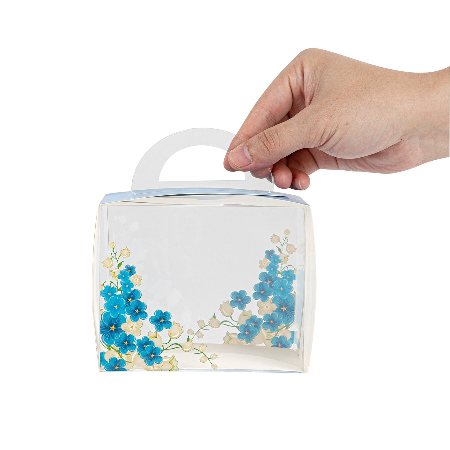 Sweet Vision Rectangle Clear Plastic Cupcake Box - with Handle, Blue Paper Wrap, Flower Accent - 5" x 3 1/4" x 4" - 100 count box