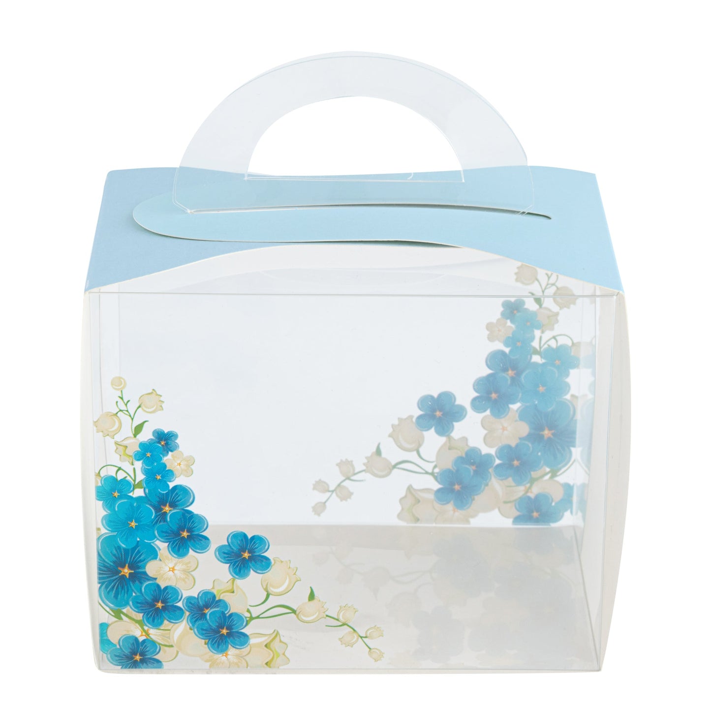 Sweet Vision Rectangle Clear Plastic Cupcake Box - with Handle, Blue Paper Wrap, Flower Accent - 5" x 3 1/4" x 4" - 100 count box