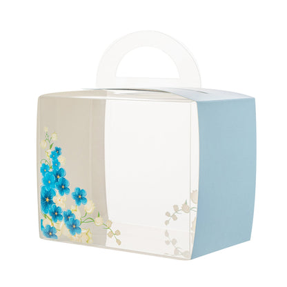 Sweet Vision Rectangle Clear Plastic Cupcake Box - with Handle, Blue Paper Wrap, Flower Accent - 5" x 3 1/4" x 4" - 100 count box
